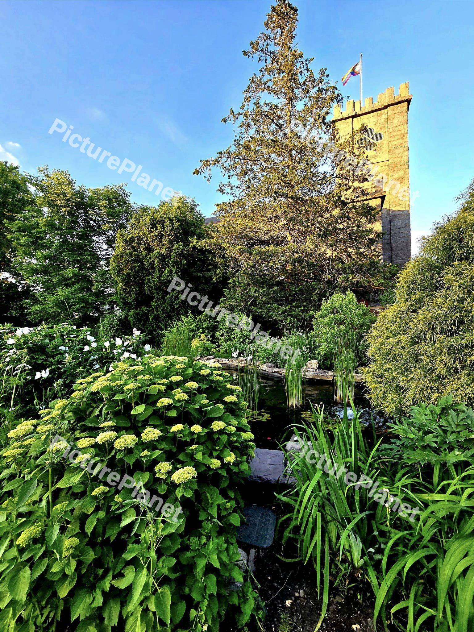 A garden view of a Castle tower